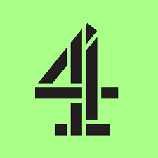 Black geometric shapes arranged to form the number 4, representing the Channel 4 logo, centered on a light green background.